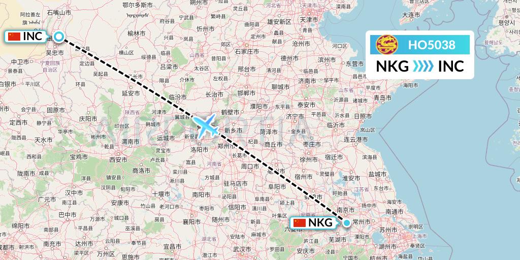 HO5038 Juneyao Airlines Flight Map: Nanjing to Yinchuan