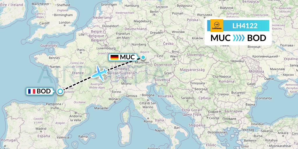 LH4122 Lufthansa Flight Map: Munich to Bordeaux