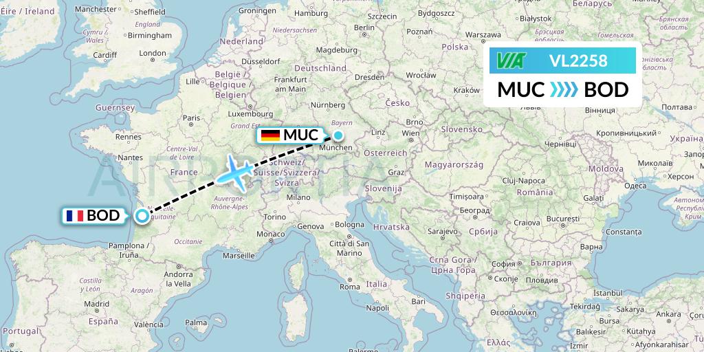VL2258 Air Via Flight Map: Munich to Bordeaux