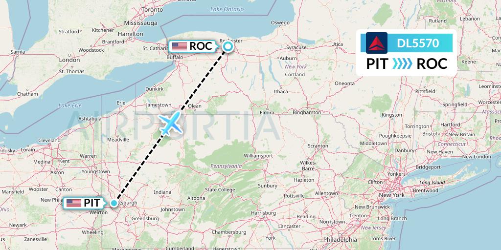 DL5570 Delta Air Lines Flight Map: Pittsburgh to Rochester