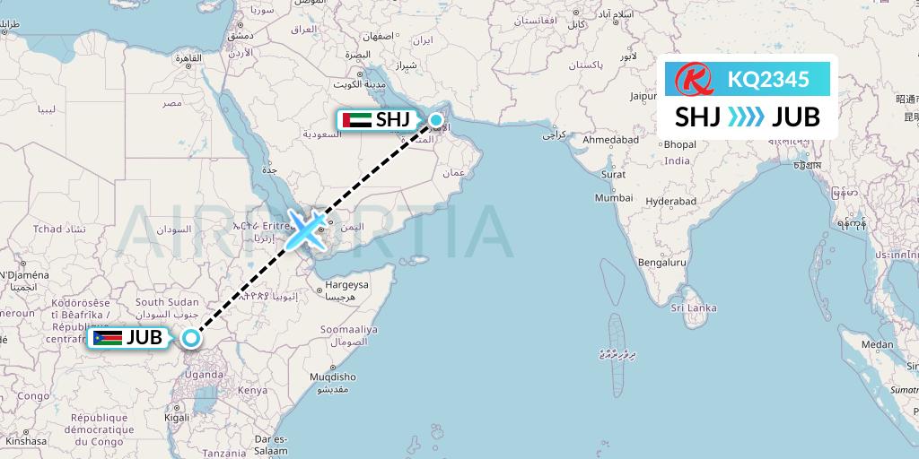 KQ2345 Kenya Airways Flight Map: Sharjah to Juba