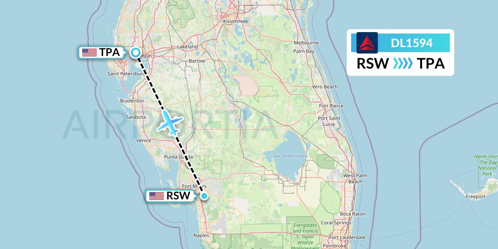 DL1594 Delta Air Lines Flight Map: Fort Myers to Tampa