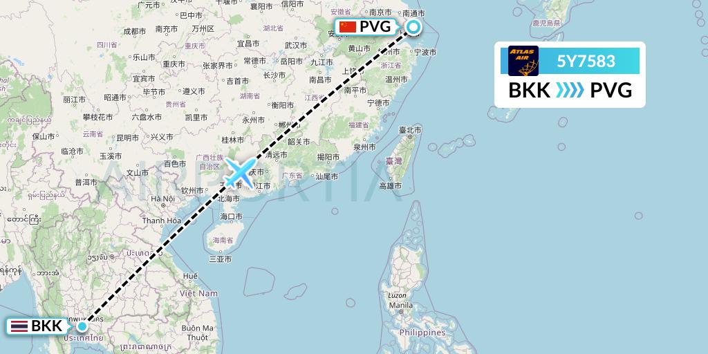 5Y7583 Atlas Air Flight Map: Bangkok to Shanghai