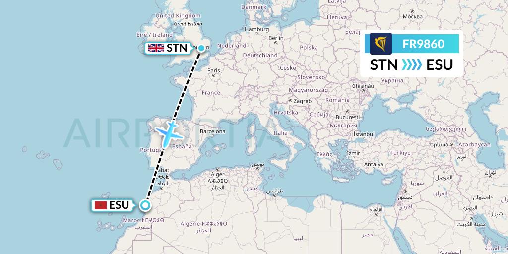 FR9860 Ryanair Flight Map: London to Essaouira