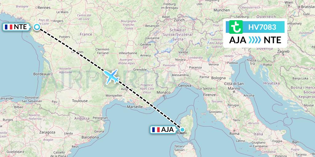 HV7083 Transavia Flight Map: Ajaccio to Nantes