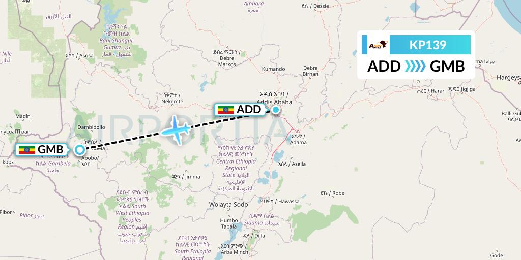 KP139 ASKY Flight Map: Addis Ababa to Gambela