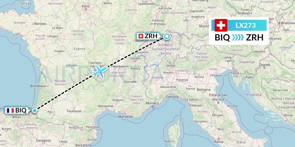 LX273 Swiss Flight Map: Biarritz to Zurich
