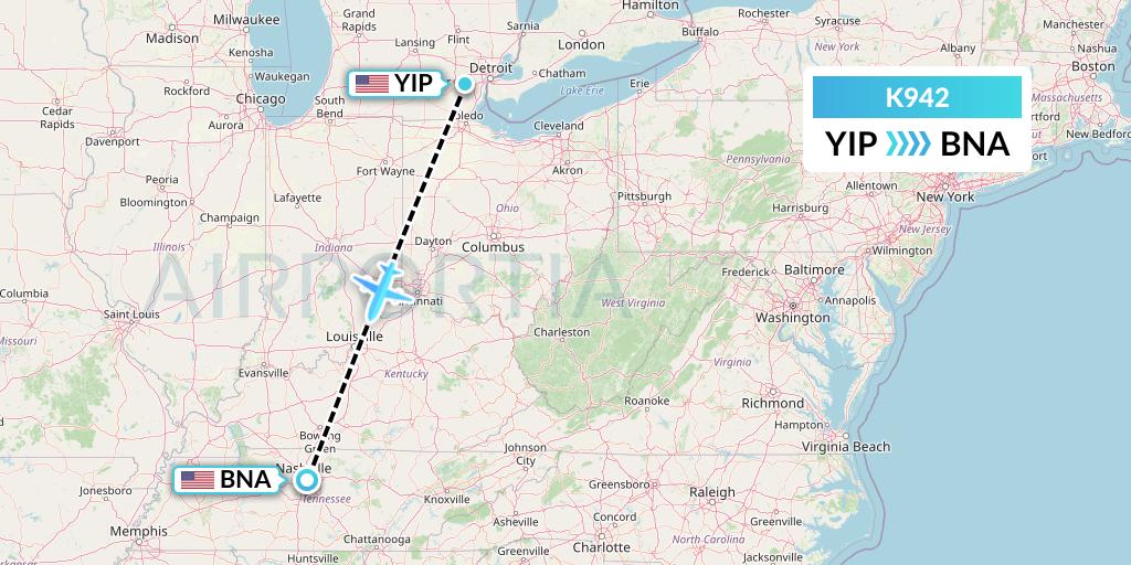 K942 Kalitta Charters Flight Map: Detroit to Nashville
