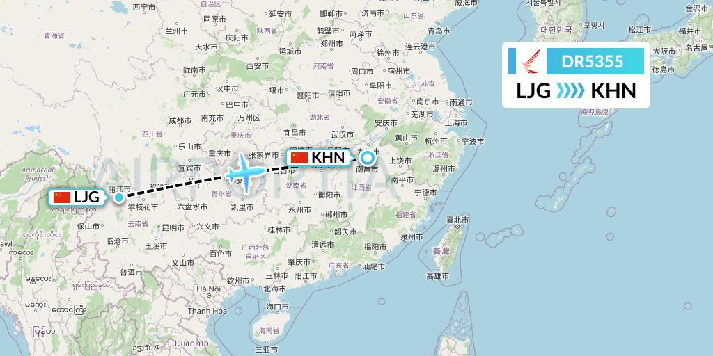 DR5355 Ruili Airlines Flight Map: Lijiang to Nanchang