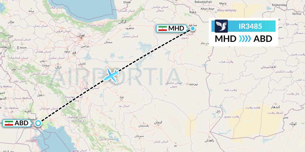 IR3485 Iran Air Flight Map: Mashhad to Abadan