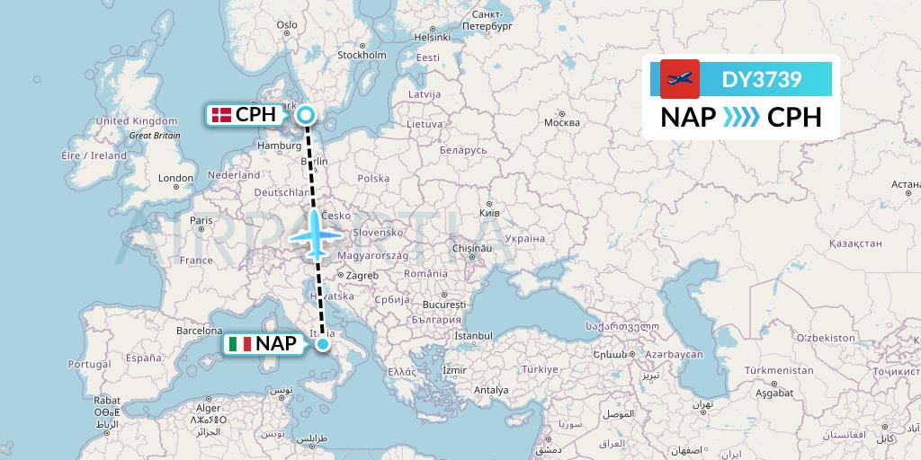 DY3739 Norwegian Flight Map: Naples to Copenhagen