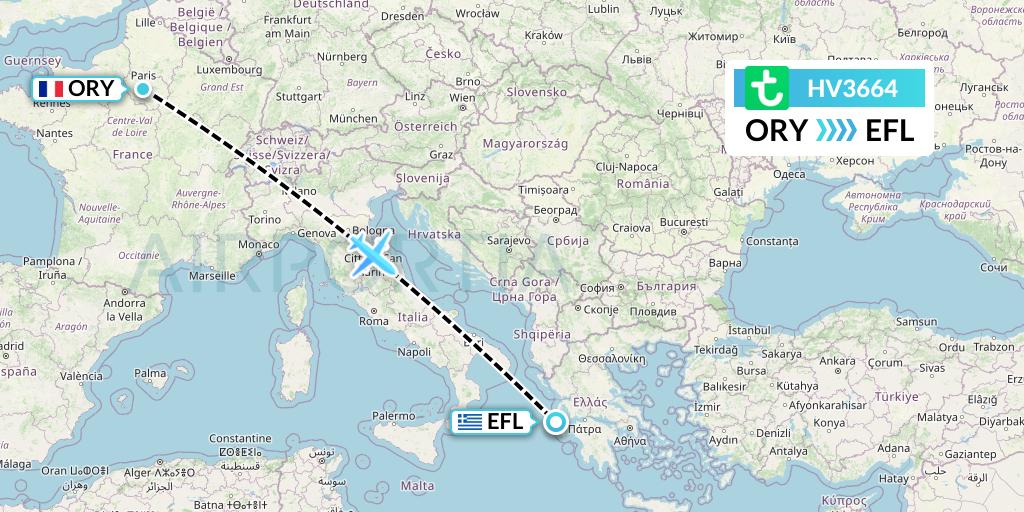 HV3664 Transavia Flight Map: Paris to Kefalonia