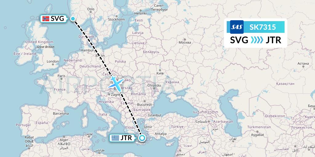 SK7315 SAS Flight Map: Stavanger to Santorini