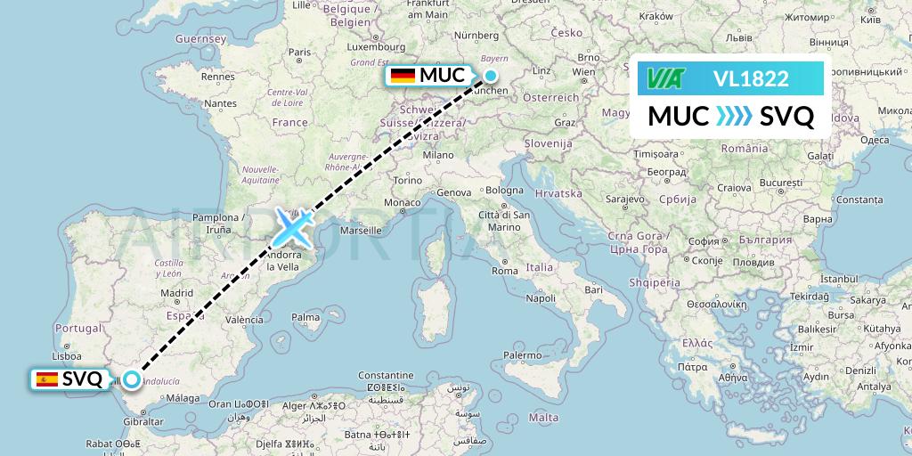 VL1822 Air Via Flight Map: Munich to Seville