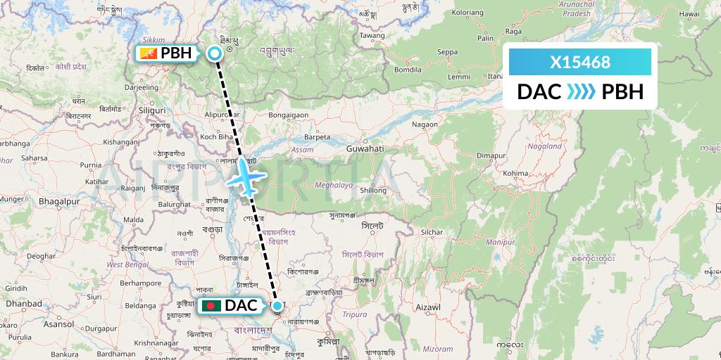 X15468 Nik Airways Flight Map: Dhaka to Paro
