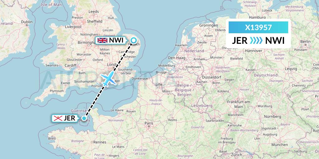 X13957 Nik Airways Flight Map: Jersey to Norwich