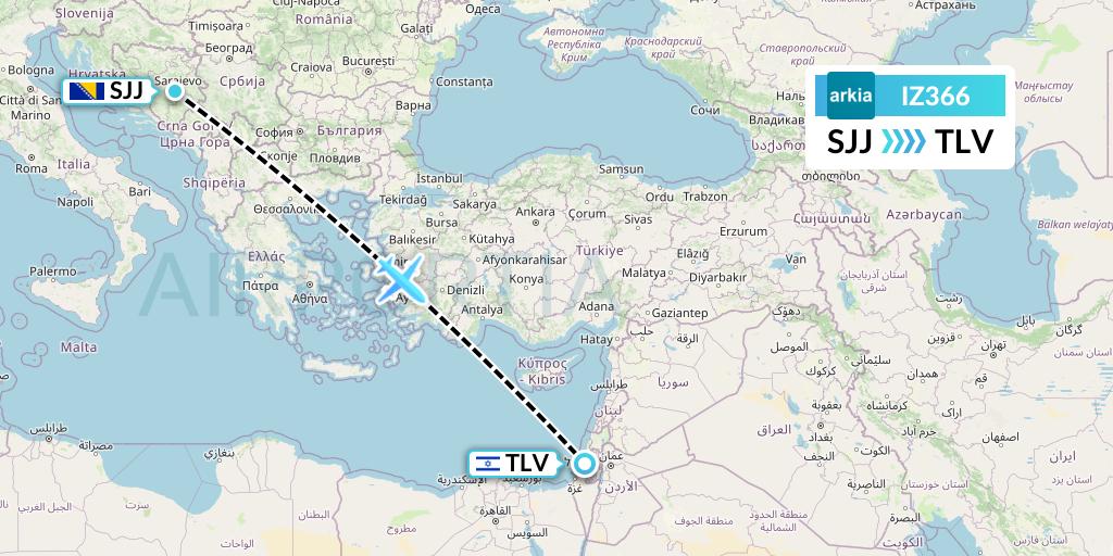 IZ366 Arkia Israeli Airlines Flight Map: Sarajevo to Tel Aviv