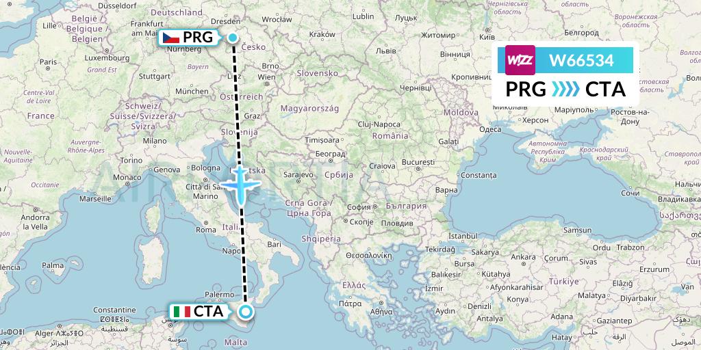 W66534 Wizz Air Flight Map: Prague to Catania