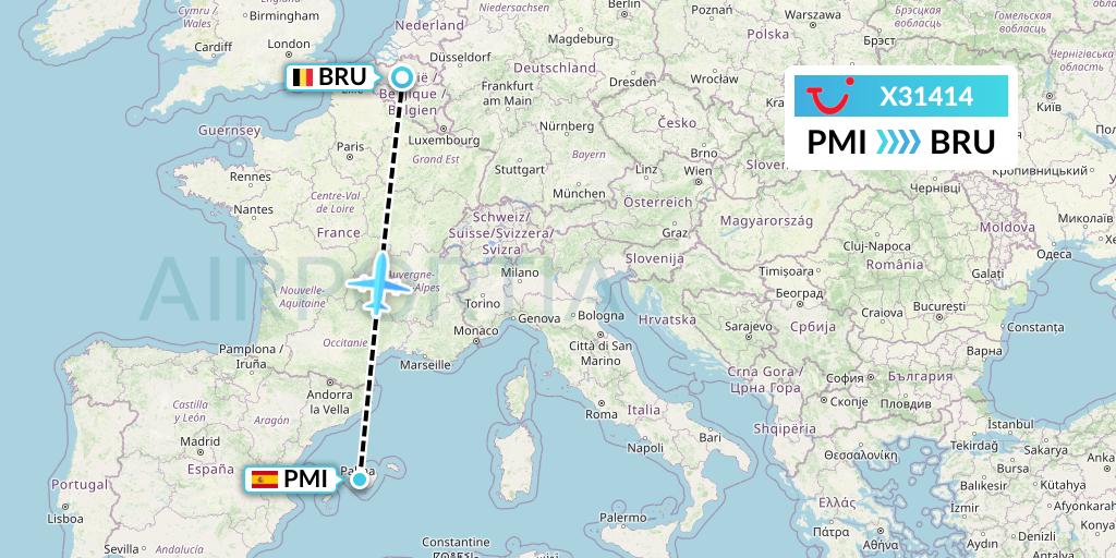 X31414 TUI fly Germany Flight Map: Palma de Mallorca to Brussels