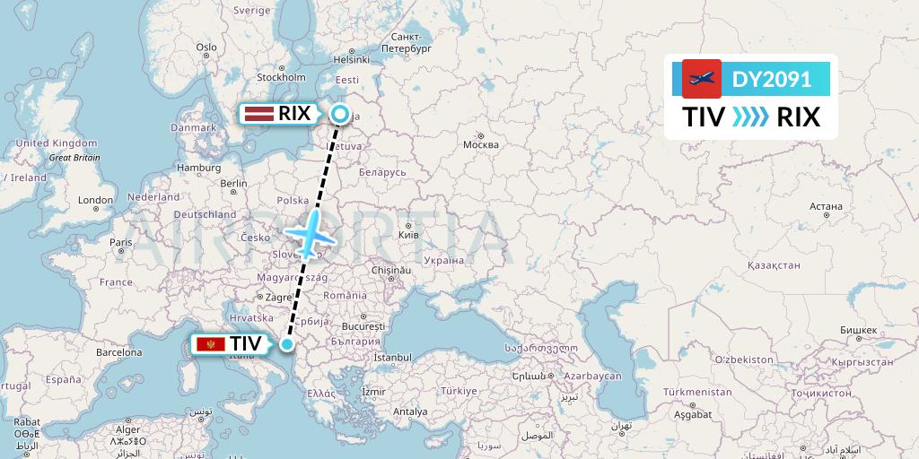 DY2091 Norwegian Flight Map: Tivat to Riga