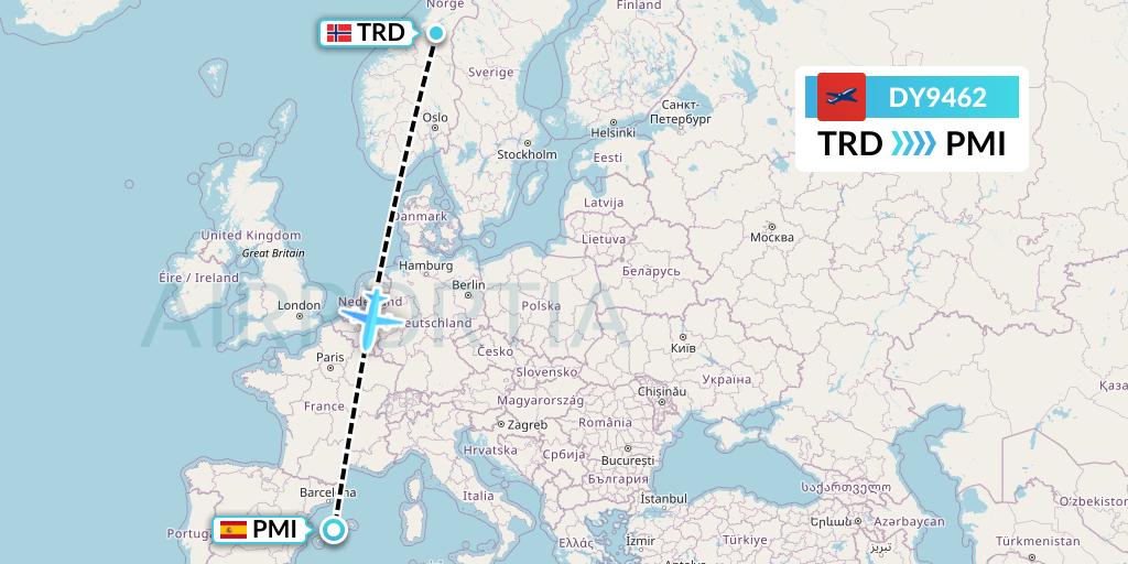 DY9462 Norwegian Flight Map: Trondheim to Palma de Mallorca
