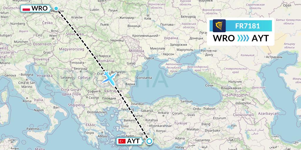 FR7181 Ryanair Flight Map: Wroclaw to Antalya