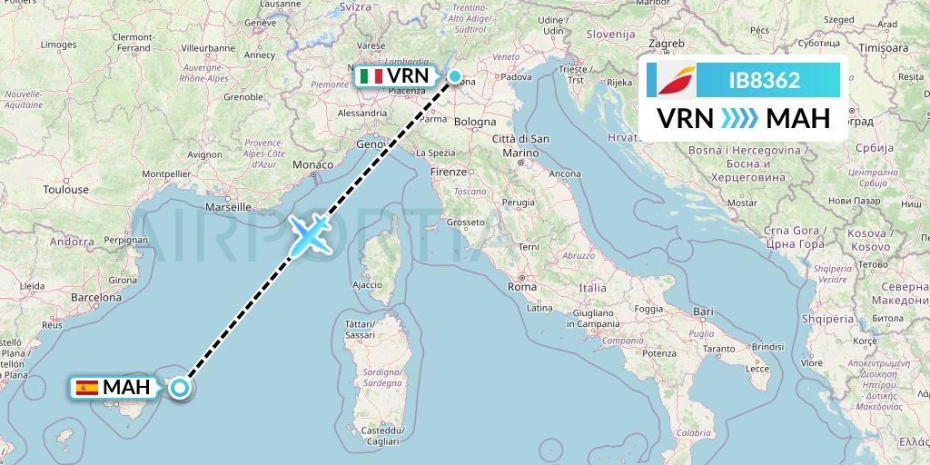 IB8362 Iberia Flight Map: Verona to Mahon