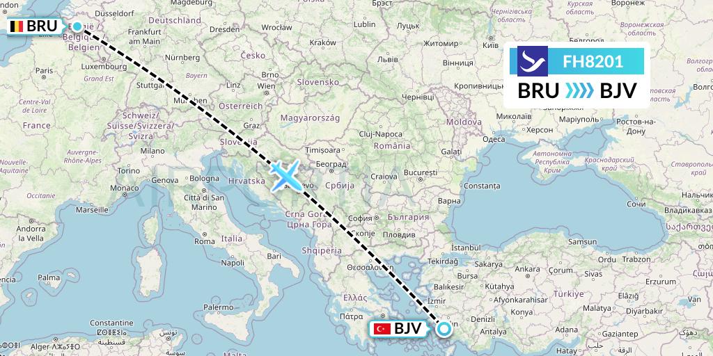 FH8201 Freebird Airlines Flight Map: Brussels to Bodrum