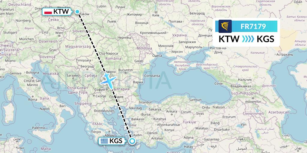 FR7179 Ryanair Flight Map: Katowice to Kos