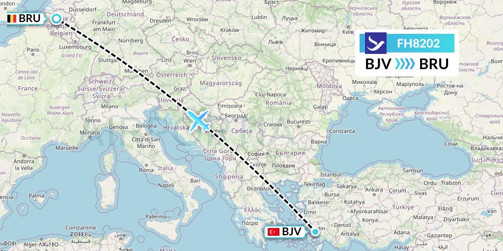 FH8202 Freebird Airlines Flight Map: Bodrum to Brussels