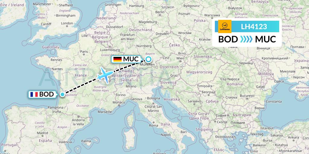 LH4123 Lufthansa Flight Map: Bordeaux to Munich