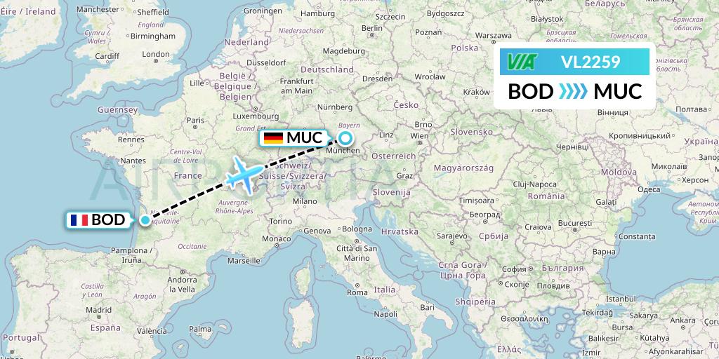 VL2259 Air Via Flight Map: Bordeaux to Munich