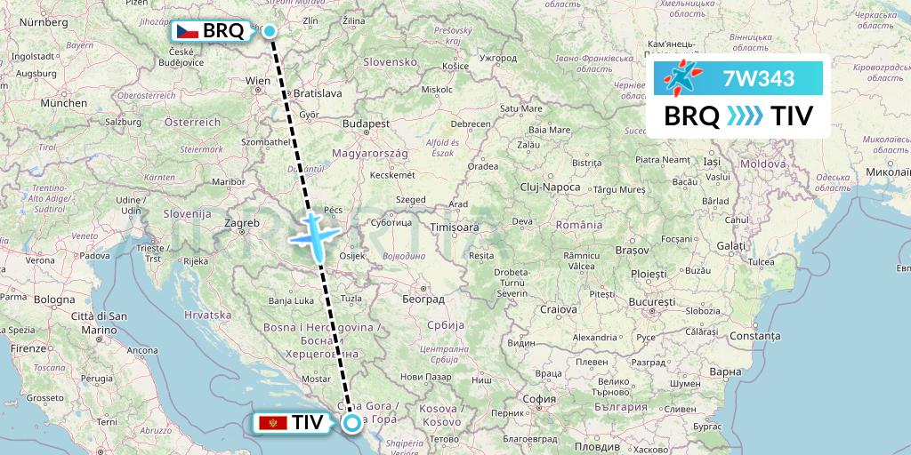 7W343 Windrose Airlines Flight Map: Brno to Tivat