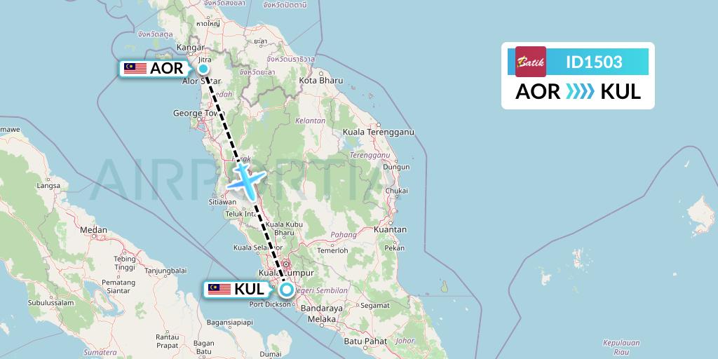 ID1503 Batik Air Flight Map: Alor Setar to Kuala Lumpur