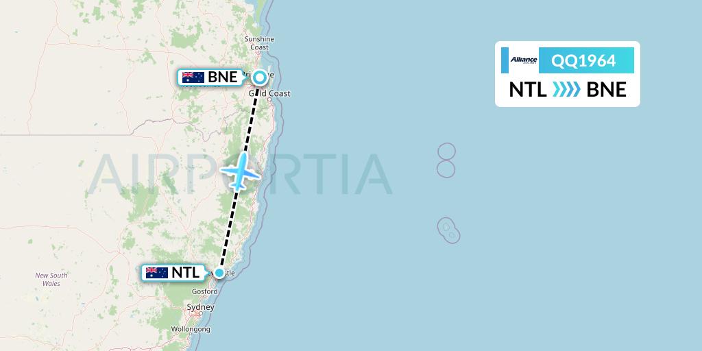 QQ1964 Alliance Airlines Flight Map: Newcastle to Brisbane