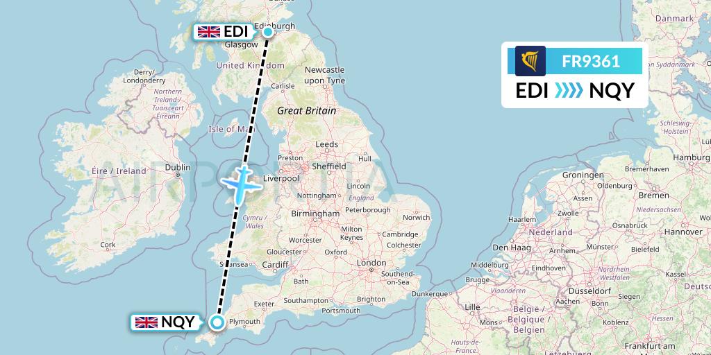 FR9361 Ryanair Flight Map: Edinburgh to Newquay