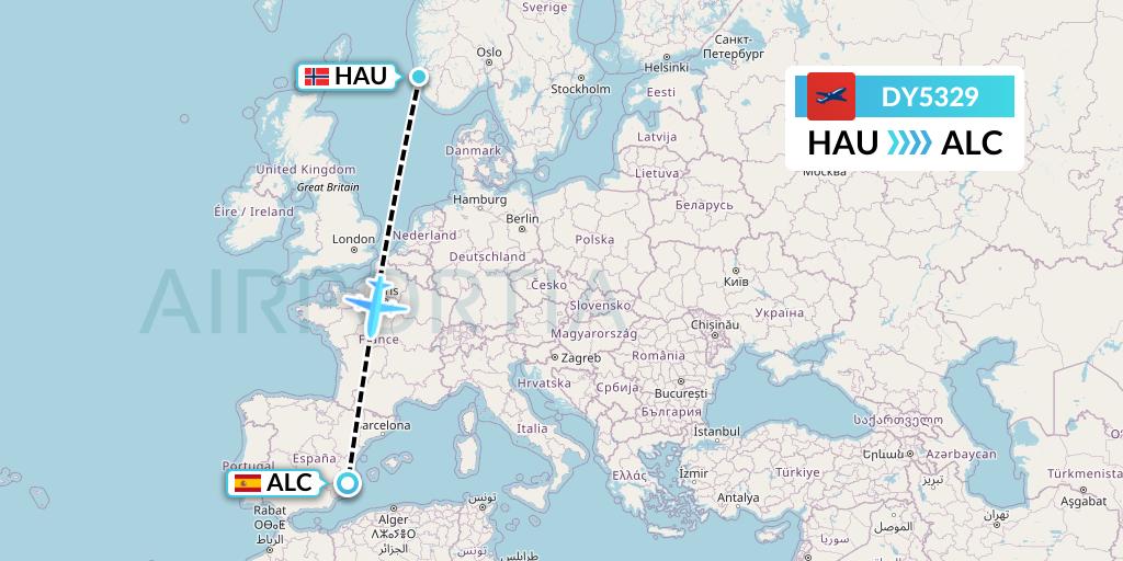 DY5329 Norwegian Flight Map: Haugesund to Alicante