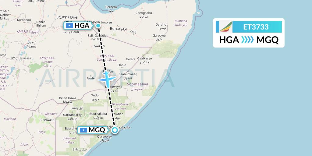 ET3733 Ethiopian Airlines Flight Map: Hargeisa to Mogadishu