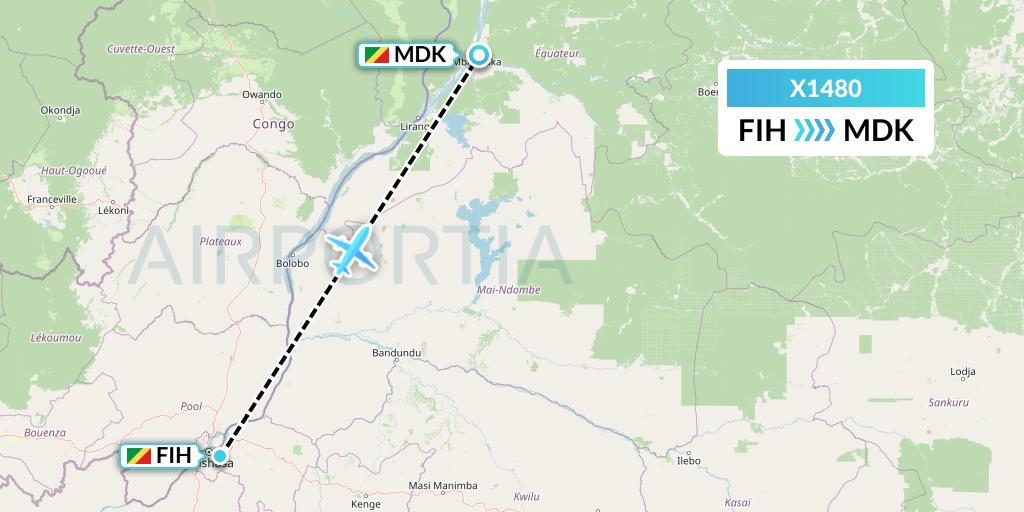 X1480 Nik Airways Flight Map: Kinshasa to Mbandaka