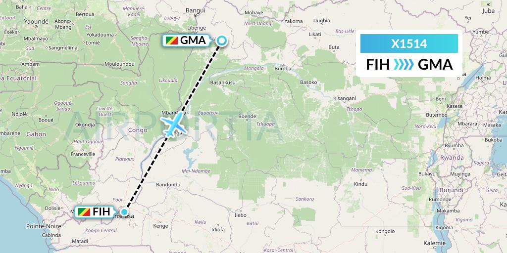 X1514 Nik Airways Flight Map: Kinshasa to Gemena