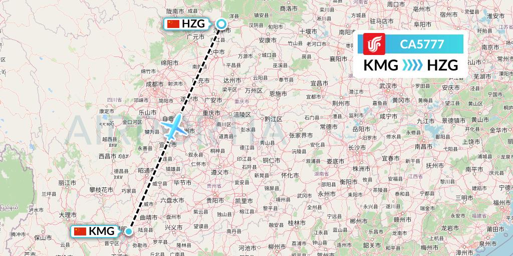 CA5777 Air China Flight Map: Kunming to Hanzhong