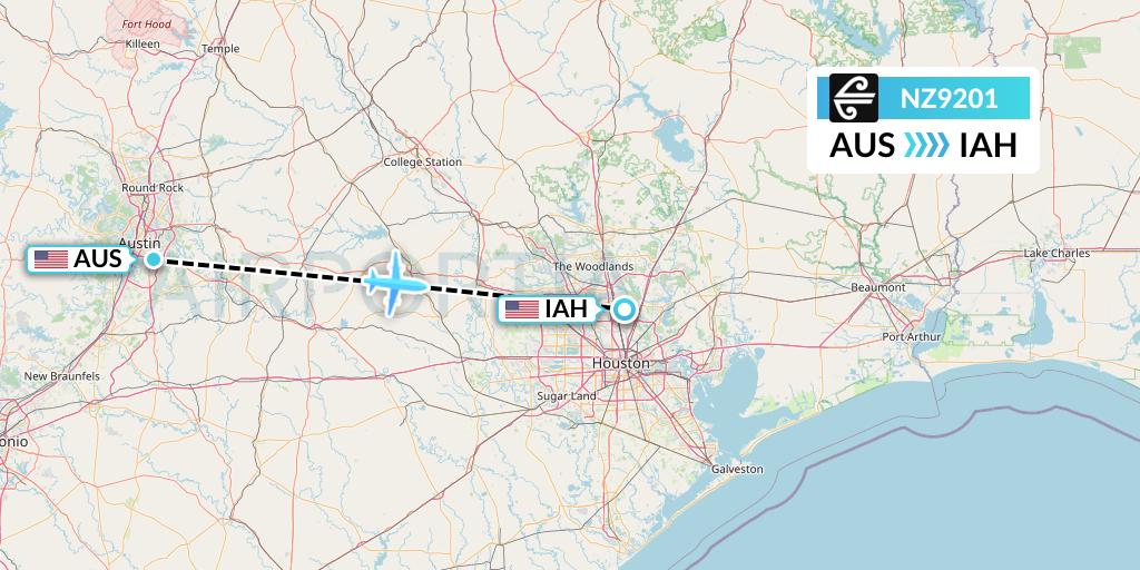 NZ9201 Air New Zealand Flight Map: Austin to Houston