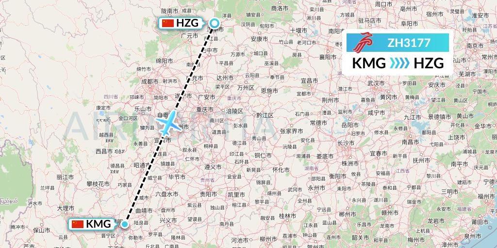 ZH3177 Shenzhen Airlines Flight Map: Kunming to Hanzhong