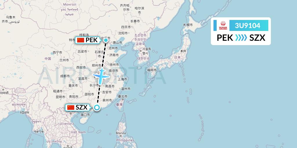 3U9104 Sichuan Airlines Flight Map: Beijing to Shenzhen