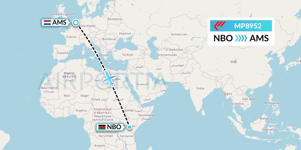 MP8952 Martinair Holland Flight Map: Nairobi to Amsterdam