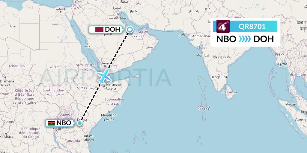 QR8701 Qatar Airways Flight Map: Nairobi to Doha