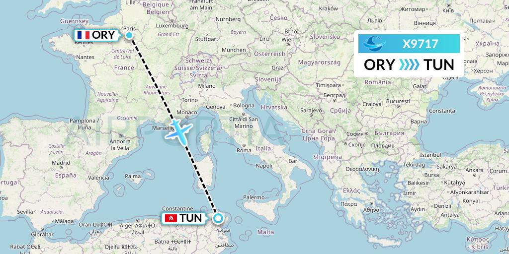 X9717 Avion Express Flight Map: Paris to Tunis