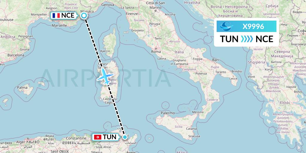 X9996 Avion Express Flight Map: Tunis to Nice