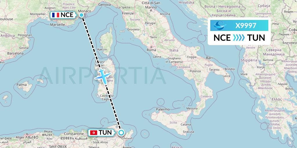 X9997 Avion Express Flight Map: Nice to Tunis