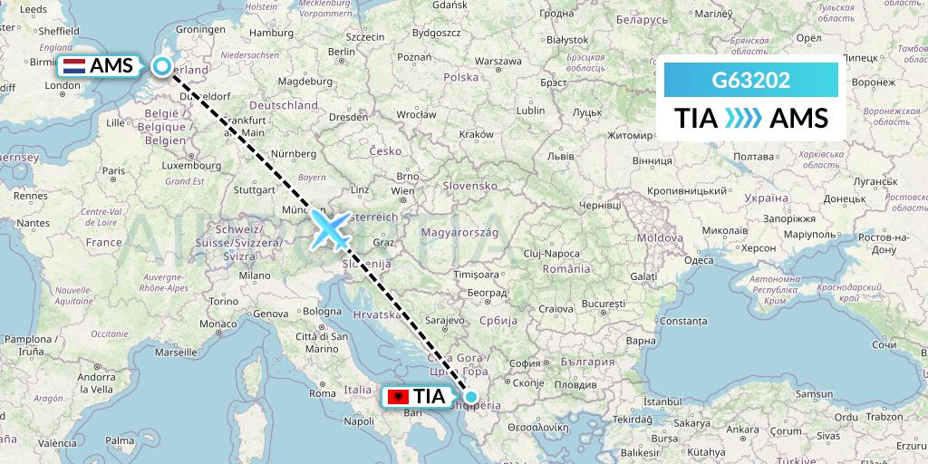 G63202 Fly Arna Flight Map: Tirana to Amsterdam